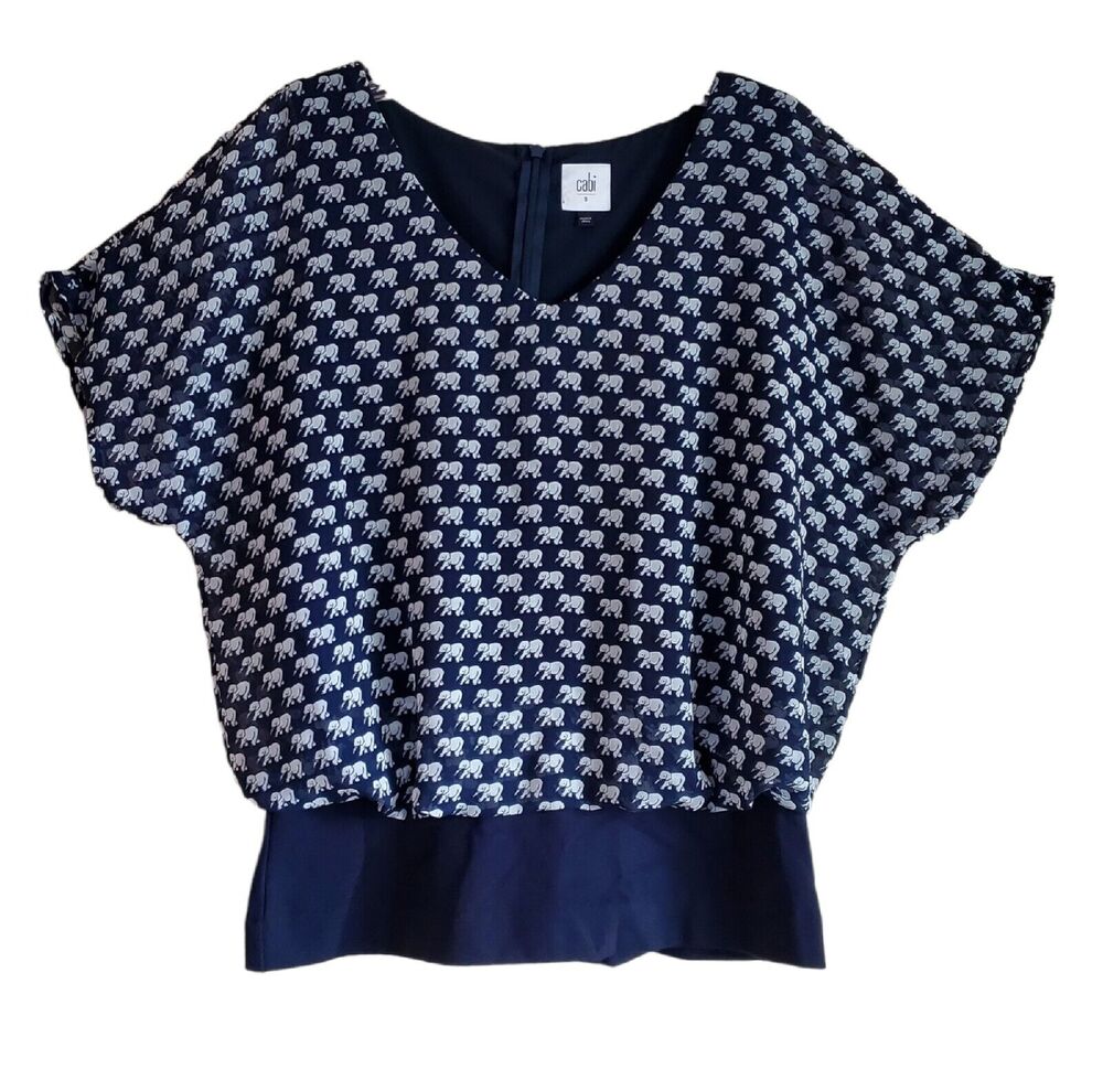 CABI Women's S Top Blue Ole Parade Elephant Wide Waist Band Slit Back Lined 36"